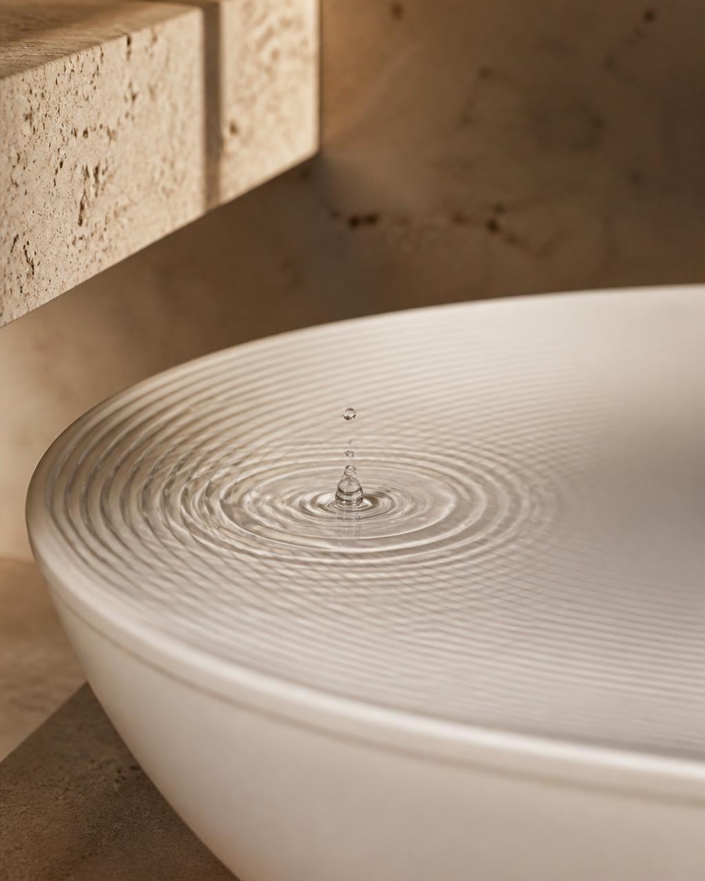 Water moving across sculpted ceramic, from the CBN Brands material world.